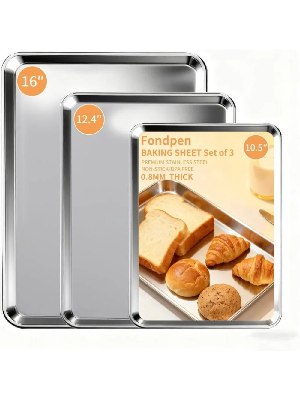 Stainless Steel Baking Sheet Set of 3 - Non-Stick, Heavy Duty, Easy Clean Pans